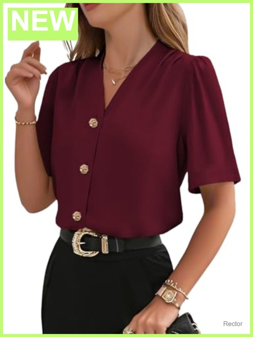 Women's Button Down V-Neck Short Sleeve Business Casual Blouse